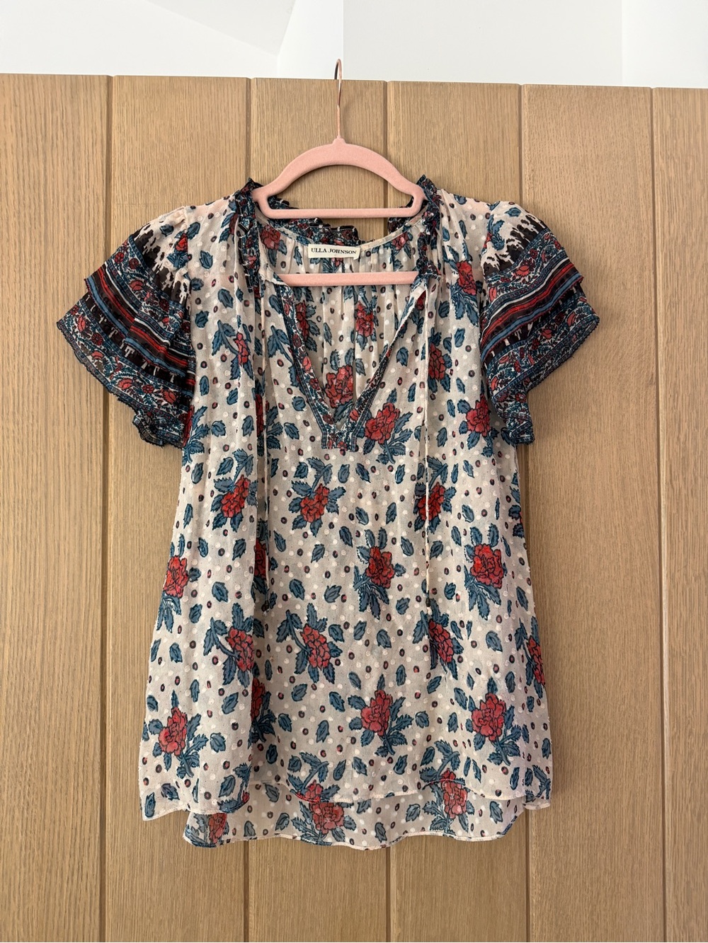 Ulla Johnson Cream Floral Peasant Blouse with Red and Teal Accents